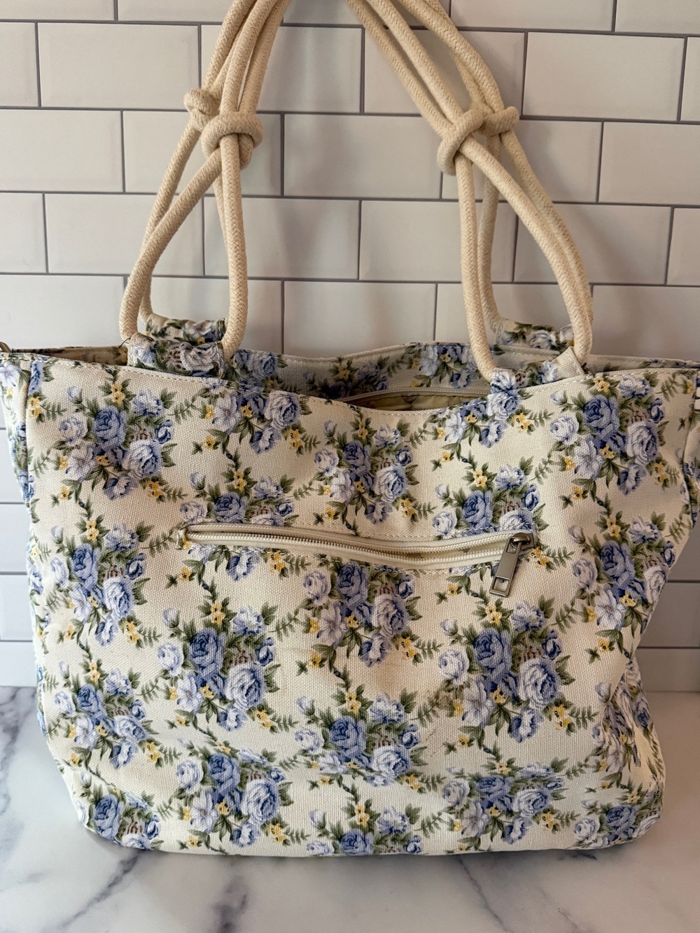 Farmhouse Is My Style Blue Rose Floral Canvas Tote Bag Rope Handles Large